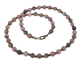 Rhodonite Necklace, Earth Tone Pink, Brown, and Black Gemstone Jewelry with Bronze Clasps, Holiday Gift Mothers Day