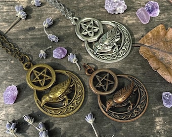 Raven Pentacle Pendant, Silver Plated Crow Necklace, Pagan Jewelry, Custom Chain Length