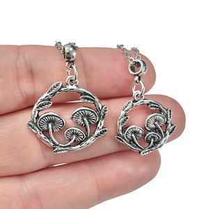 Silver Mushroom Pendant Necklace, Triple Mushroom Nature Necklace with Silver Plated, Stainless Steel, or Sterling Silver Chain