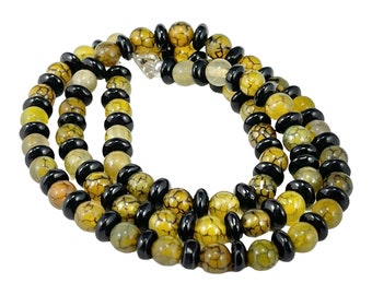 Dragon Vien Agate and Onyx Necklace, Black and Yellow Gemstone Beaded Necklace, Bracelet or Anklet, Holiday Gift Mothers Day