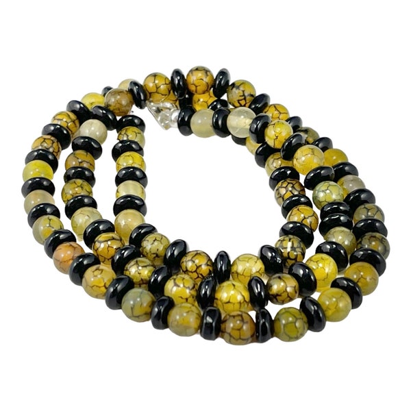 Dragon Vien Agate and Onyx Necklace, Black and Yellow Gemstone Beaded Necklace, Bracelet or Anklet, Holiday Gift Mothers Day