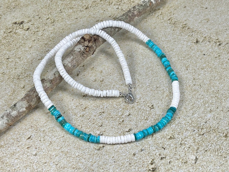 White and Blue Heishi Shell Necklace with Sterling Silver or Silver Plated Lobster Clasps, Custom Length, Holiday Gift Mothers Day image 4