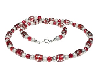 Red and Silver Beaded Necklace, Two Color Lightweight Necklace, Silver Plated or Sterling Silver Clasp Mothers Day