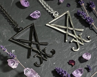 Sigil of Lucifer Pendant Necklace, Silver or Black, Occult Jewelry, Custom Chain Length, Seal of Satan, Gothic Symbolism, Luciferianism
