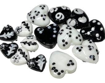 Black and White Glass Heart Shaped Beads, Handmade Lampwork, Small and Large Puffy Heart Beads, Mothers Day