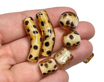 Leopard Spotted Glass Beads, Black and Orange Silver Foiled Large Clear Lampwork Beads Mothers Day