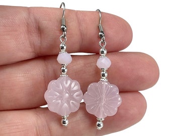 Silver and Rose Quartz Floral Earrings with Sterling Silver or Stainless Steel Ear Wires, Love Stone Jewelry Mothers Day Gift