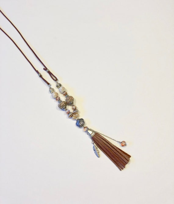 Cognac Leather Tassel Necklace: Boho Beaded Feather Charm - Etsy display picture 2
