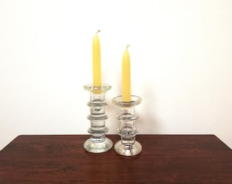 Vintage pair of Finnish Pukeberg Staffan Gellerstadt Art Glass 'Ice' Candlestick Holders