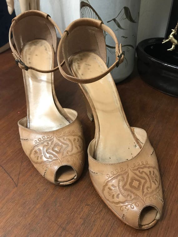 tooled leather wedges