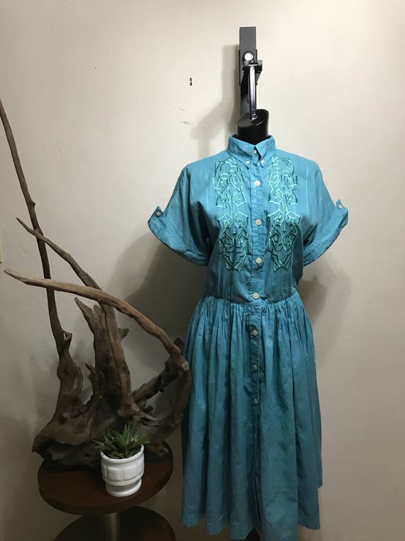 Vintage Turquoise Christian of Manila Embroidered