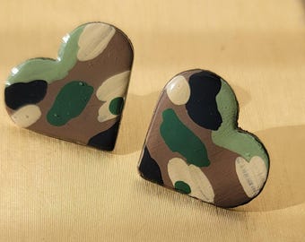 Hand-Painted Camouflage Heart Earrings, Statement Wood Jewelry