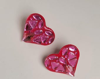 Hand-Painted Red Heart Earrings with Pink Gems, Statement Wood Jewelry