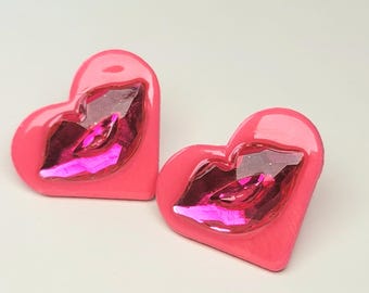 Hand-Painted Heart Earrings with Lip Gemstone, Statement Wood Jewelry
