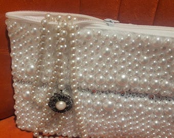 Pearl & Crystal Clutch Purse, Embossed Evening Bag