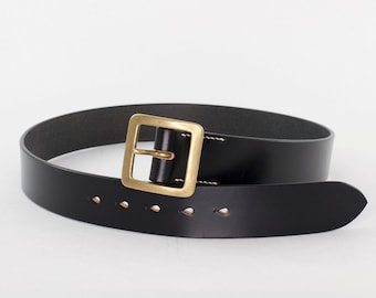 Handmade Black Leather Belt, Solid Brass Buckle, English Bridle Leather