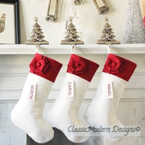 Personalized White Christmas Stockings – Rustic Wool Felt Holiday Décor, Farmhouse & Minimalist Style