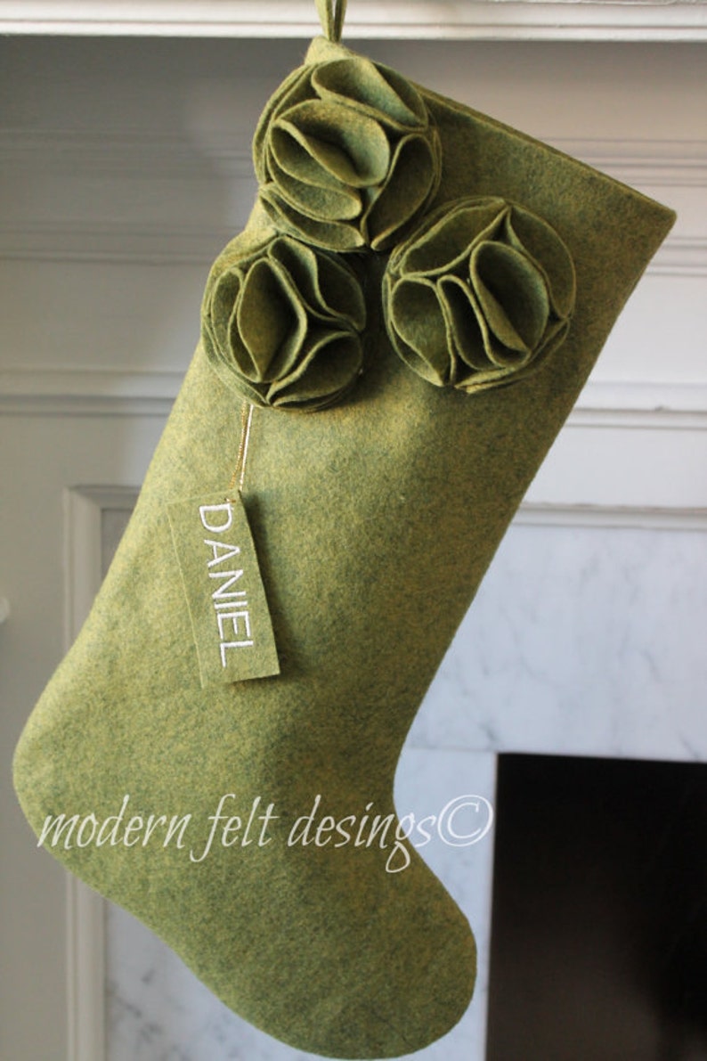 Handmade in USA Felt Family Stockings Unique Elegant Green Wool Felt Christmas Stocking Personalized Christmas Stocking