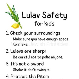 Puede incluir: Una guía imprimible para niños sobre cómo usar un lulav de forma segura durante la festividad judía de Sucot. La guía incluye cuatro consejos: revisa tu entorno, los lulavs son afilados, no es una espada, y protege el pitom. La imagen presenta una ilustración colorida de un lulav.