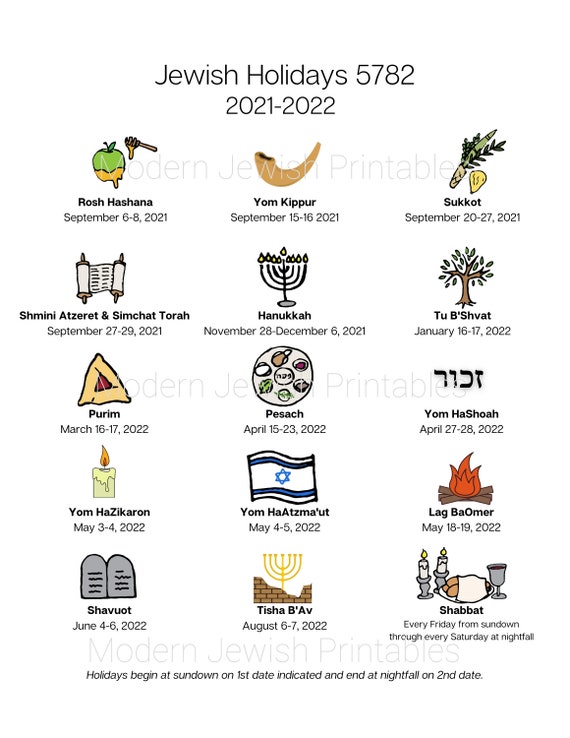 Jewish Christmas Holidays 2022 Jewish Holiday Calendar Printable For 5782 2021/2022 | Etsy