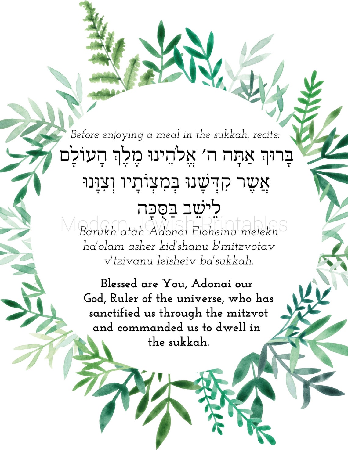 Sukkot blessings frames of greenery printable art for Sukkah Etsy