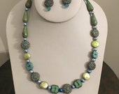 Beautiful and Feminine Necklace and Earring Set in Swarovski Crystal, Lime Green and Light Blue Freshwater Pearls and Unique Pastel Beads