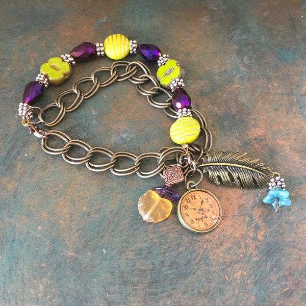 Fun N Funky, Handcrafted Double Chain Bracelet with Lime Green Czech Glass, Purple Crystal, Amber Colored Leaf, Clock Charm & Blue Flower