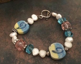 Beautiful, Handcrafted Bracelet with Yellow Blue Ceramic Beads and Freshwater Pearls in Caribbean Colorations