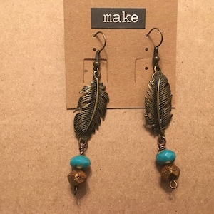 Boho Feather Style Drop Earrings with Czech Glass Stone Dangles in Turquoise and Bronze Colorations