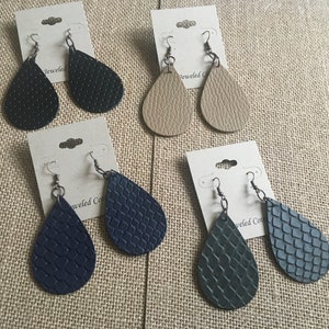 Large, Teardrop, Patterned Faux Leather, Dangle Earrings in Dark Colors