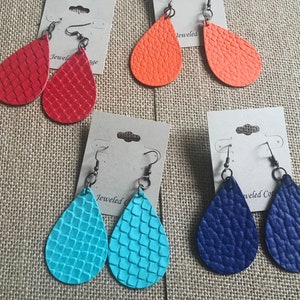 Set of 4 Large, Teardrop, Patterned Faux Leather, Dangle Earrings in Bright Colors-Set # 3