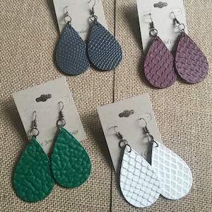 Large, Teardrop, Patterned Faux Leather, Dangle Earrings in Prime Colors