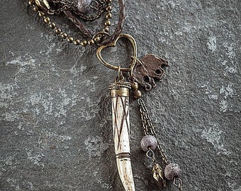 Ethnic, Multi Strand Brown Braided Leather and Chain Necklace with Bone, Copper Elephant and Heart Pendants-OJ-BNE-28