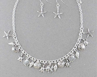 Beach Themed Charm Necklace and Earring Set W/ Shells, Starfish, Fish and Turtles  in (Silvertones)