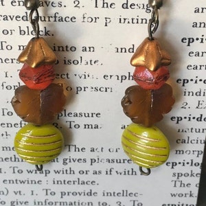Czech Glass, Boho, Handcrafted, Lime Green Striped Bead, Frosted Amber Colored Leaves, Burnt Orange Bead & Copper Metallic Glass Flower