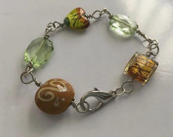 Murano Glass Heart Bracelet: Hand-Painted Ceramic Beads, Green Earth Tones