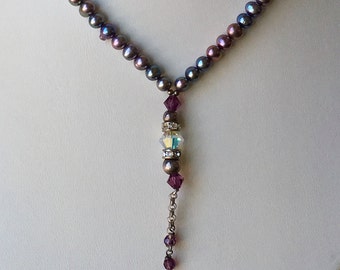 Simple, but elegant Y shaped, Vintage Style, Freshwater Pearl and Swarovski Crystal Necklace with feminine touches in, amethyst colorations.