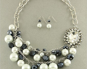 NOW on SALE! Handcrafted, Cream and Black Beaded, Bauble, Necklace and Earring Set