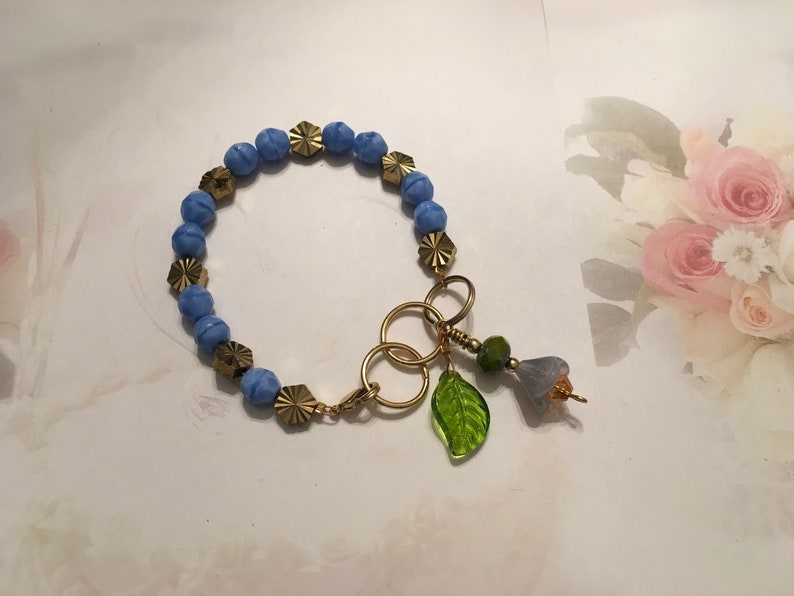 Feminine, Delicate, Handcrafted Bracelet, with Beach Blue Czech Glass, Golden Sunburst Bead, & Crystal Drop image 2