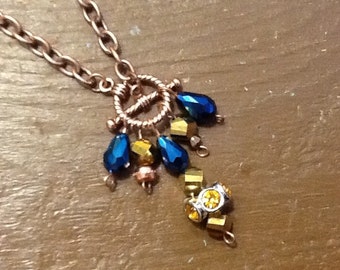 Handcrafted Y Necklace: Sapphire & Coppertone Beads, Toggle Clasp