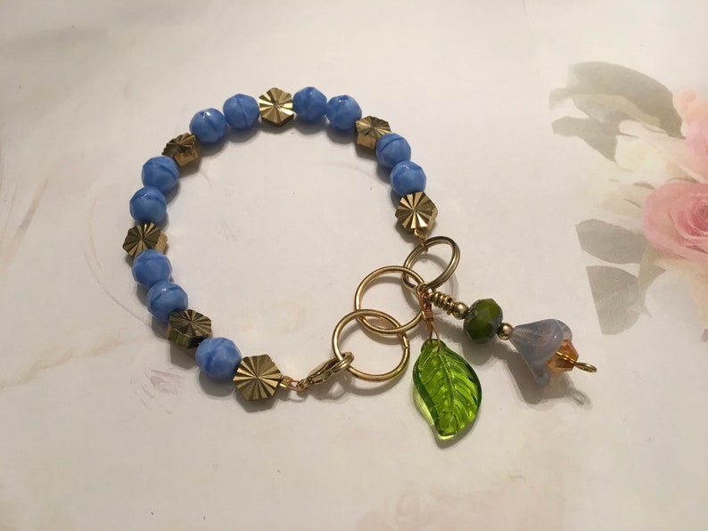 Feminine, Delicate, Handcrafted Bracelet, with Beach Blue Czech Glass, Golden Sunburst Bead, & Crystal Drop image 4