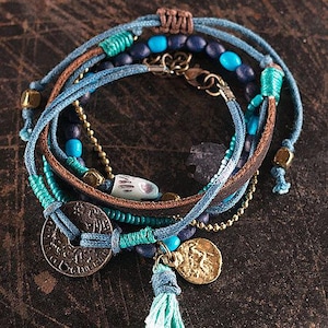 Ethnic, Multi Strand Leather and Beaded Bracelet in Browns, Turquoise Blue, and Navy,  3 Bracelets in One-OJ-BLU3-30