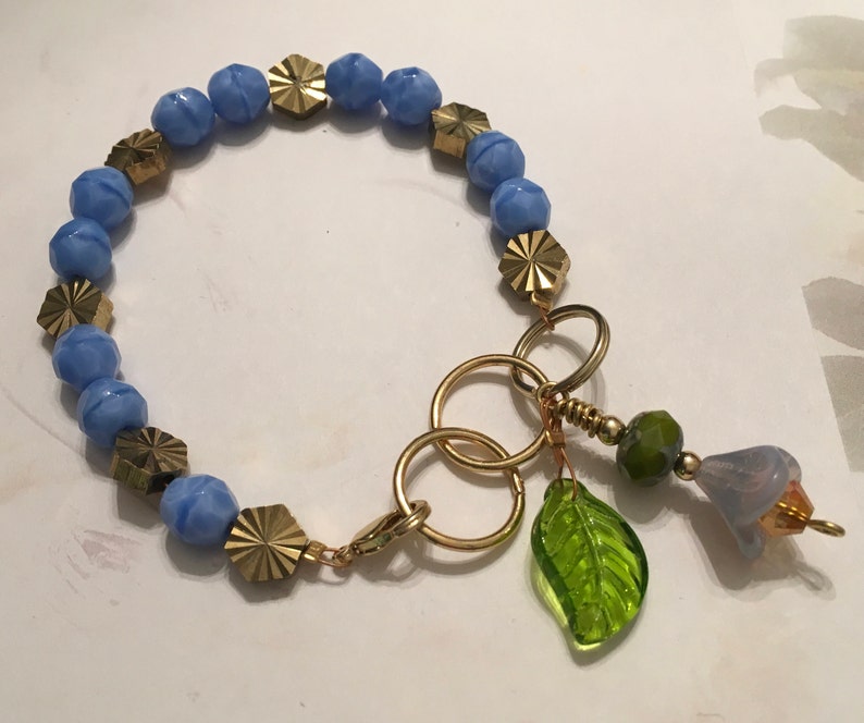 Feminine, Delicate, Handcrafted Bracelet, with Beach Blue Czech Glass, Golden Sunburst Bead, & Crystal Drop image 1