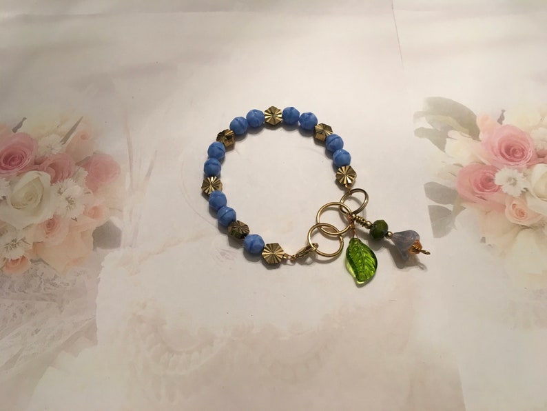 Feminine, Delicate, Handcrafted Bracelet, with Beach Blue Czech Glass, Golden Sunburst Bead, & Crystal Drop image 3