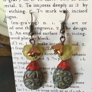 Czech Glass, Boho, Handcrafted Earrings in Khaki, Green, Ceramic Bead, Frosted Lime Color Leaves, Burnt Orange and Copper Czech Glass Flower