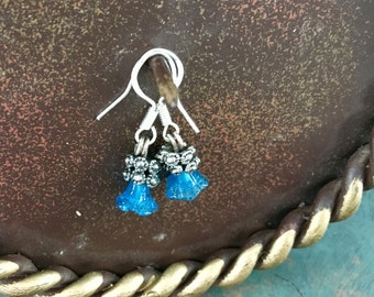 Whimsical, Tiny Fairy Flower, Drop Earrings with Blue Glass, Floral Bead, and silver findings.