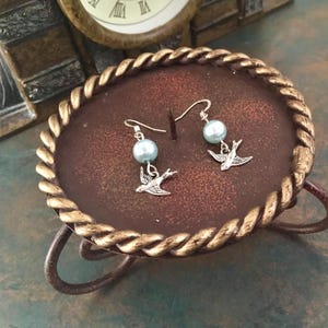 Whimsical, Vintage Style, Small Bluebird of Happiness, drop earrings, with robin&#39;s egg blue glass pearl, and bluebird charm. Lead compliant.