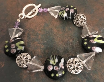 Beautiful, Handcrafted Bracelet with Hand-painted Glass, Swarovski Crystal and Clear Triangular Beads