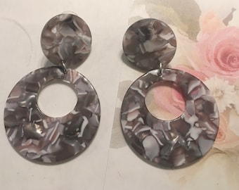 Tortoise Shell, Resin Earrings, Geometric Circle Drop in Grey colorations