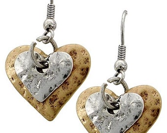 Heart Shaped Drop Earrings in 2 color choices, Patina Gold or Patina Green with plain Silver tone heart center.